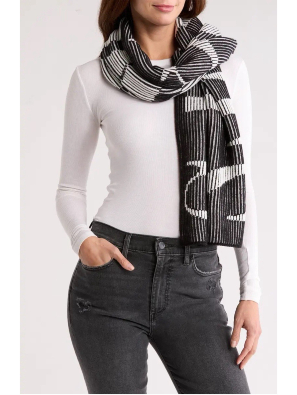 Allsaints Pilated Rib Knit Logo Monochrome Scarf Reversible Thick OS 75”L x 19”W